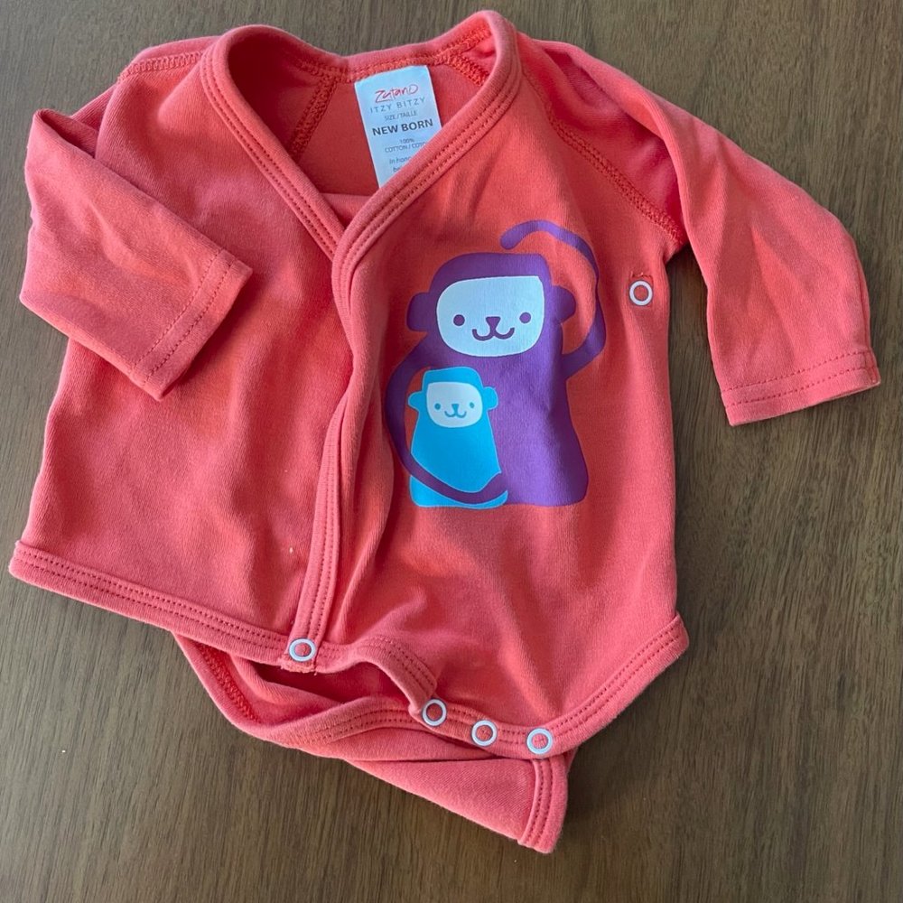 Zutano Itzy Bitzy Kimono-Style Orange Monkey Onesie NB Newborn